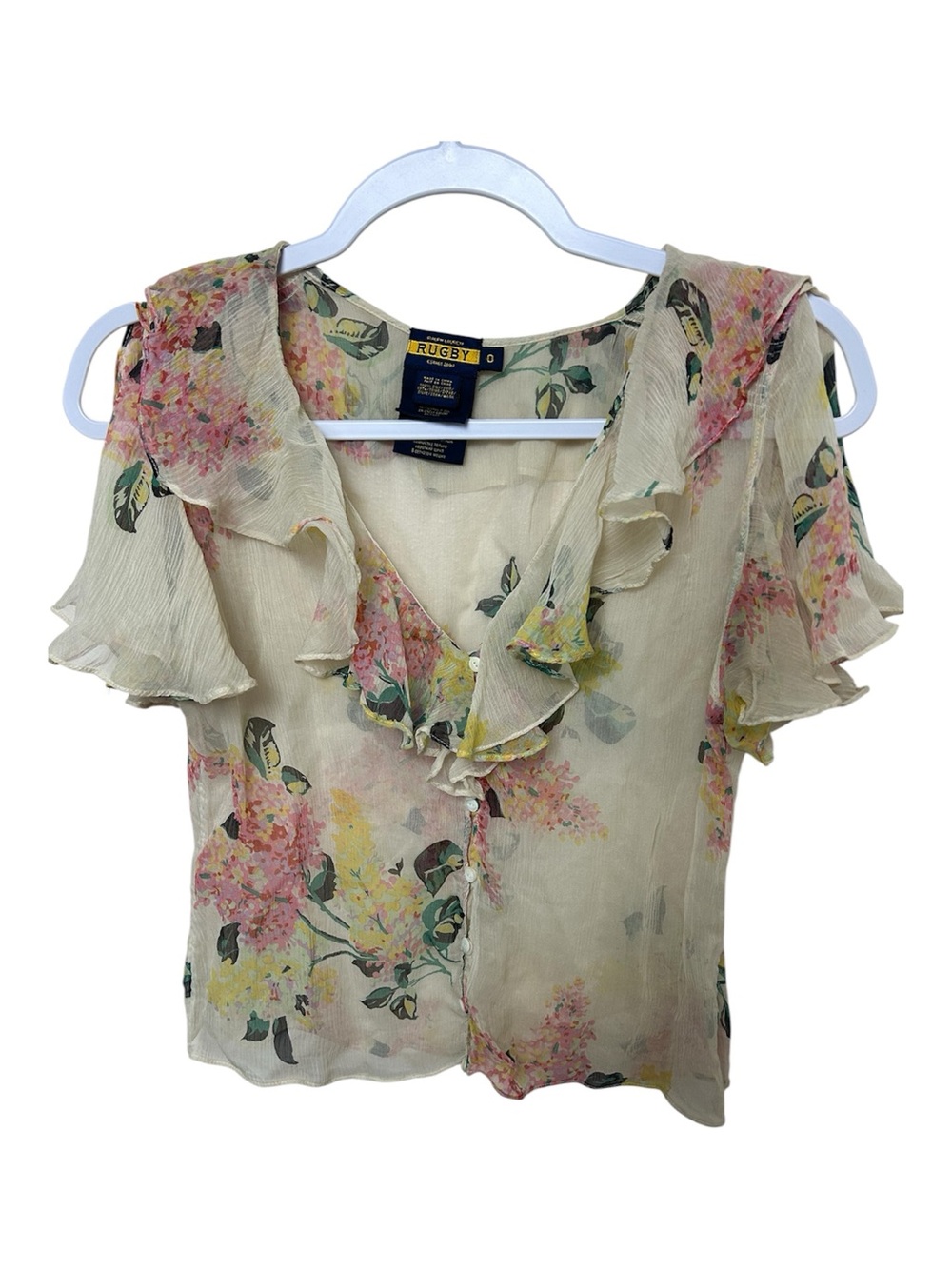 Ralph Lauren Silk Sheer Floral Ruffle-Trim Blouse Cottagecore Romantic